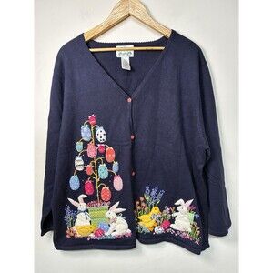 The Quacker Factory Easter Cardigan Sweater Women’s 1X Blue V Neck Vintage
